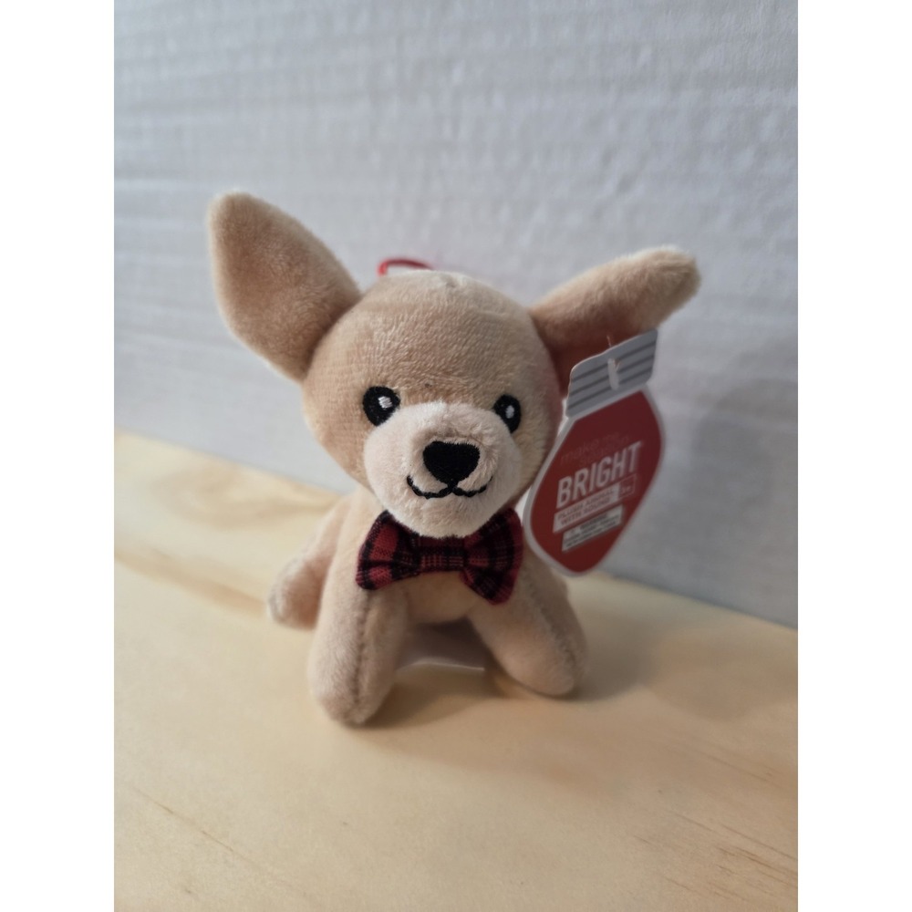 Christmas Ornament Chiwawa Bow Tie Plush Lights‎ Music Wish you Merry Dog Brown
